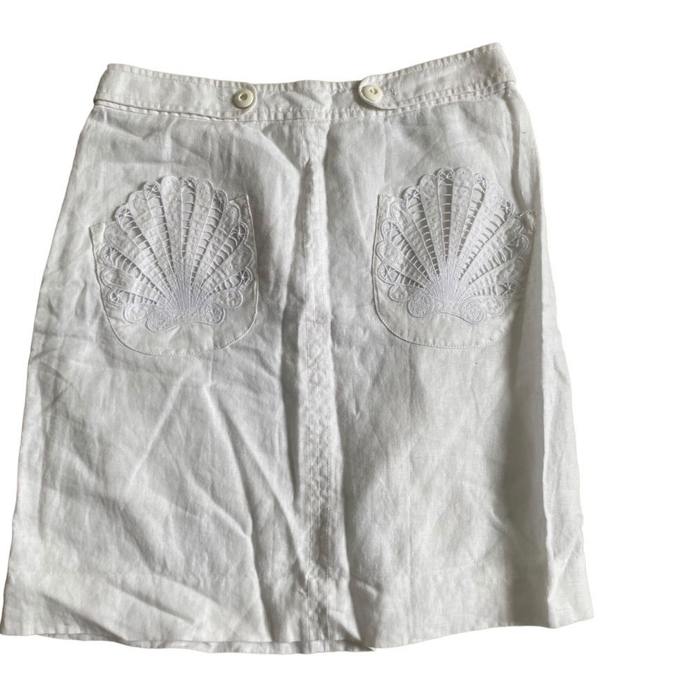 ELECTRA Linen skirt white size 4 embroidered shell shaped embroidered pockets